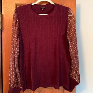 Talbots Deep Burgundy Blouse with Patterned Sheer Sleeves